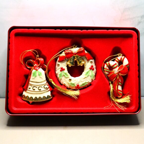 Lenox Holiday Treasures Ornament Set Bell Wreath Candy Cane Boxed NOS Christmas - Picture 1 of 4